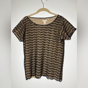 J. Crew Black and Tan Scalloped Lace Overlay Top